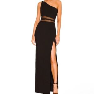 Likely Black One-Shoulder Gown with Sheer Detail